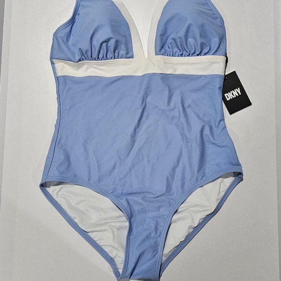 DKNY Plunging Colorblock  One-Piece Swimsuit Hydrangea - Picture 5 of 12